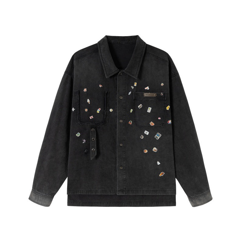 Herren Overshirt aus Denim mit aufgesetzten Pin-Patches und Used-Details Drune
