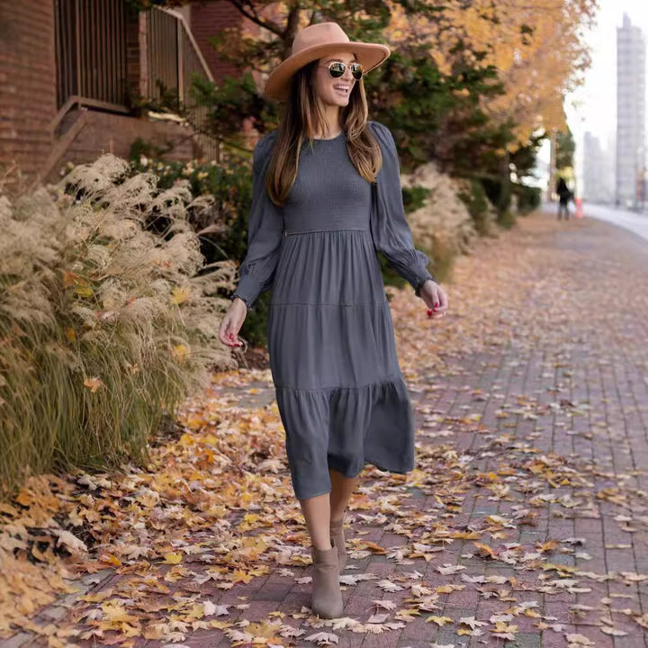 Damen lässiges Langarmkleid mit Raffung und Volantdetail Drune