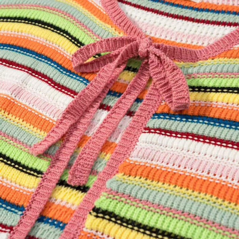 Damen Bunte Cropped Ajourstrick‑Cardigan mit Bindeband und geripptem Saum Drune