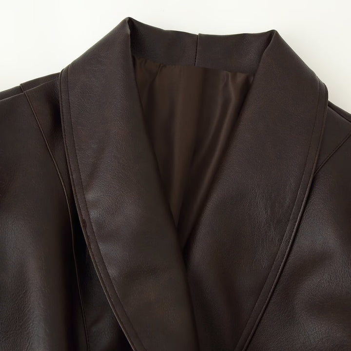 Damen Kurzjacke aus Lederimitat mit langen Kunstfellärmeln und Bindegürtel Drune