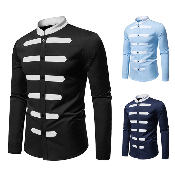 Herren Slim-Fit Hemd mit Stehkragen und dekorativen Paspelstreifen Drune