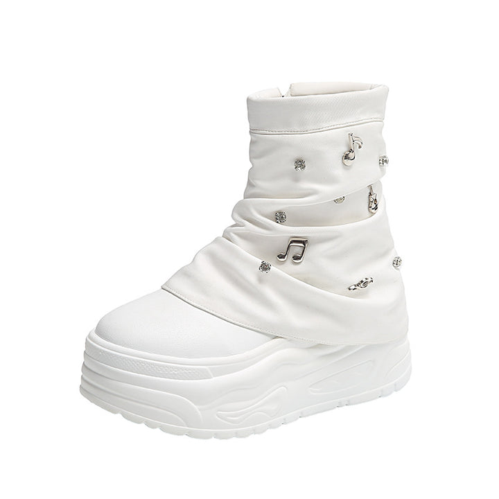 Damen nan Plateau-Stiefelette mit gerafftem Schaft und Musiknoten‑Zierapplikationen Drune