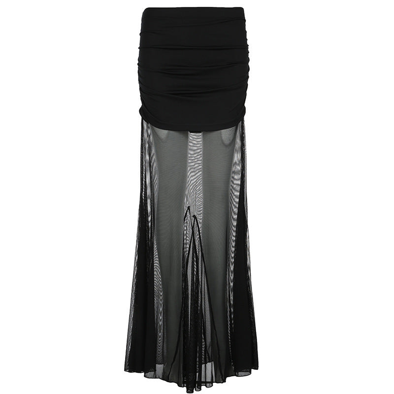 Damen Maxi-Rock mit transparentem Chiffon und gerafft Bund Drune