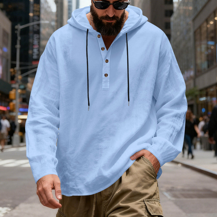 Herren nan leichter Kapuzenshirt mit Knopfleiste aus Leinenmischung und entspanntem Schnitt Drune