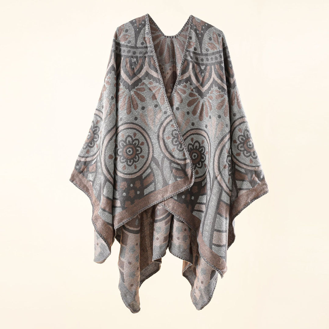 Damen Wollmix-Umhangponcho mit ornamentaler Jacquardstruktur und offenem Fall Drune