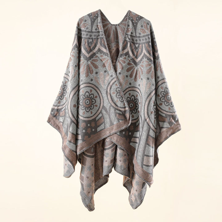 Damen Wollmix-Umhangponcho mit ornamentaler Jacquardstruktur und offenem Fall Drune