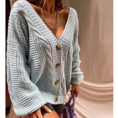 Damen trendige Grobstrickjacke mit vorderen Knöpfen und Rippstruktur Drune