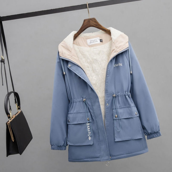 Damen Wasserabweisender Kapuzenparka mit Teddyfutter Tunnelzugtaillierung und Mehrfachtaschen Drune