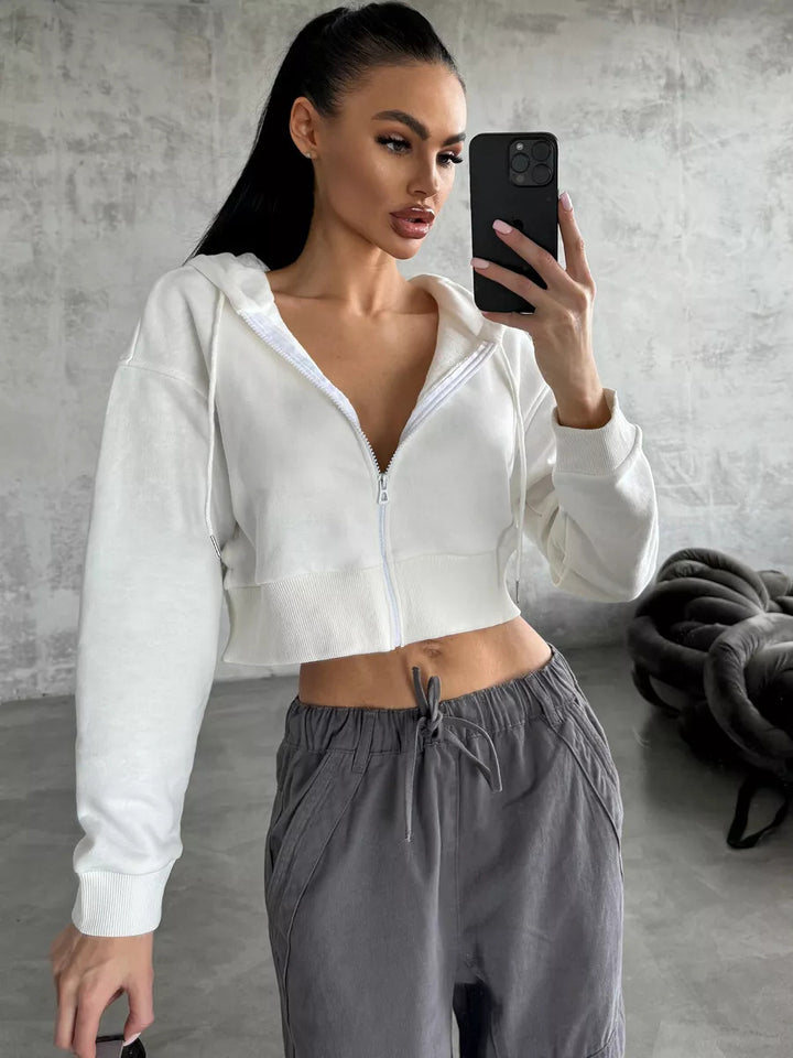 Damen Cropped Kapuzenjacke mit kurzem Reißverschluss und breitem Rippbund Drune