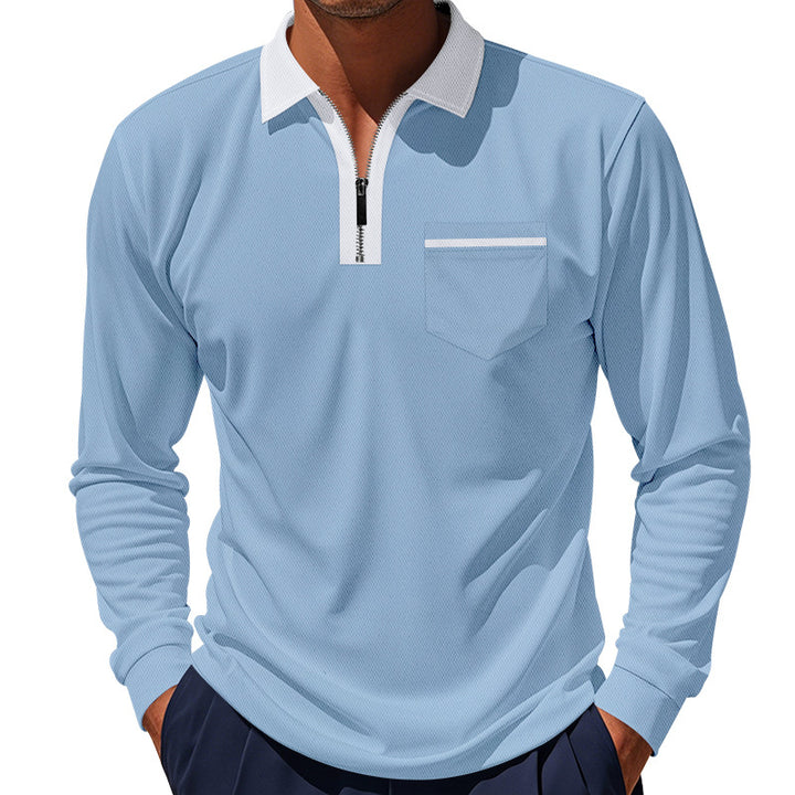 Herren nan elegantes Langarm-Poloshirt mit verdecktem Halbzip, strukturierter Piqué-Optik und dezenter Brusttasche Drune