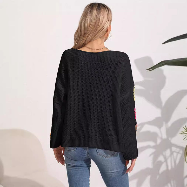 Damen eleganter Pullover mit bunten Häkelapplikationen an den Ärmeln Drune