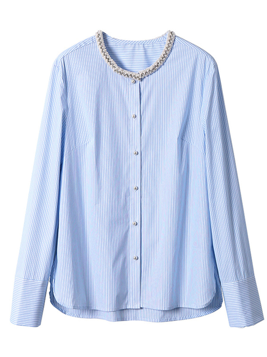 Damen Gestreifte Bluse mit perlenbesetztem Rundhals, verdeckter Knopfleiste und extra langen Manschetten Drune