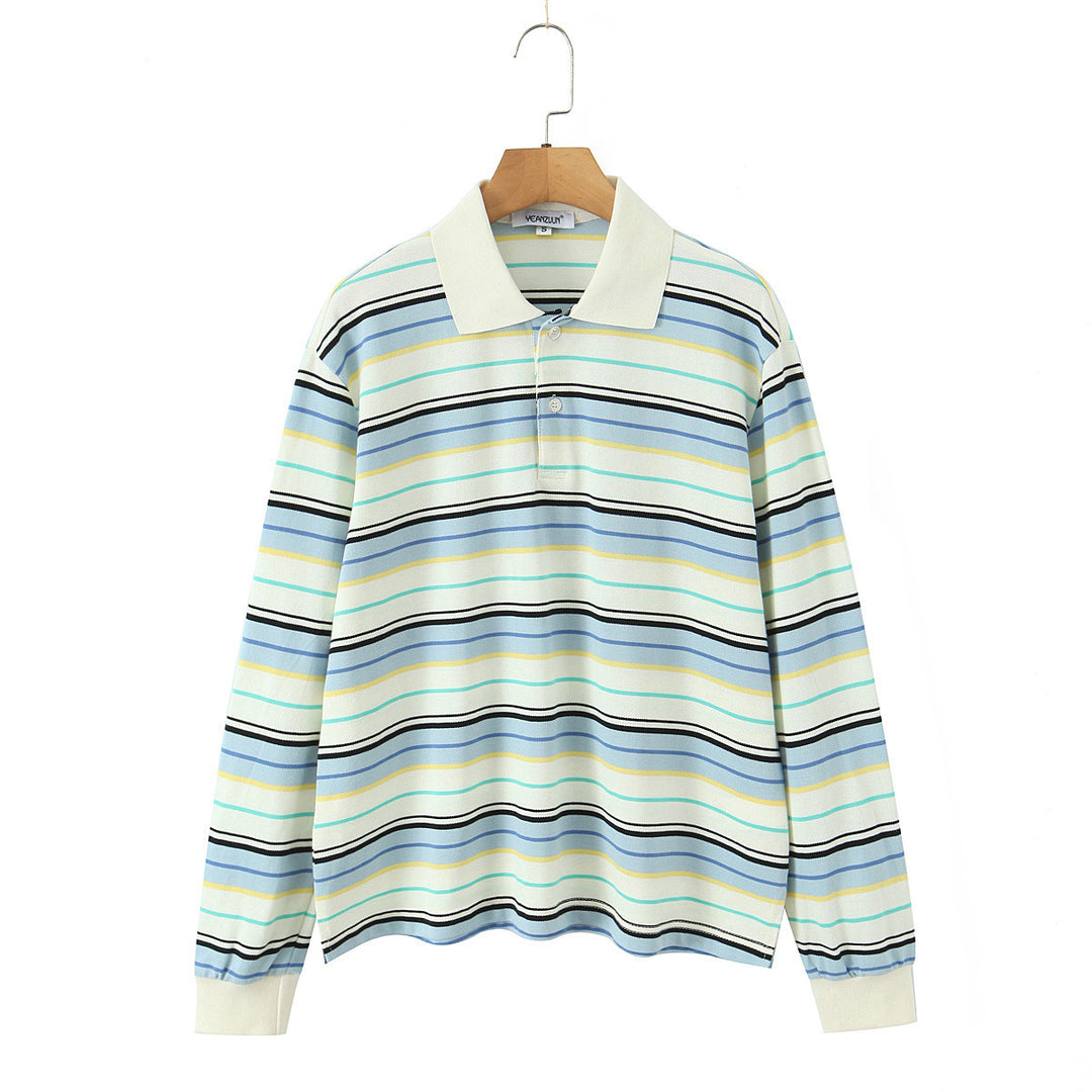 Herren Langarm-Poloshirt im Retro Streifenlook mit Kontrastkragen Drune