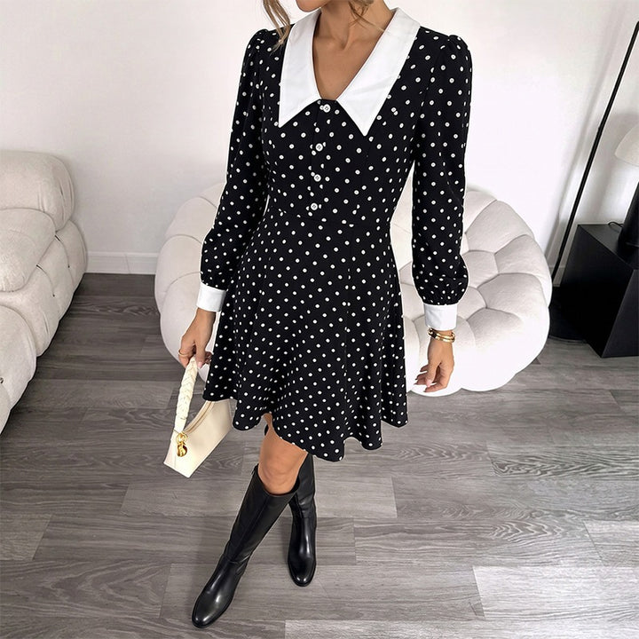 Damen Elegantes Polka-Dot Minikleid mit Kragen Drune