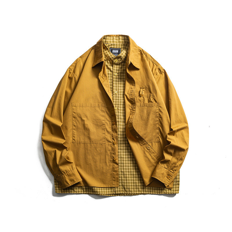 Unisex Oversize Hemdjacke im Lagenlook mit aufgesetzten Brusttaschen und karierter Einsatzkante Drune