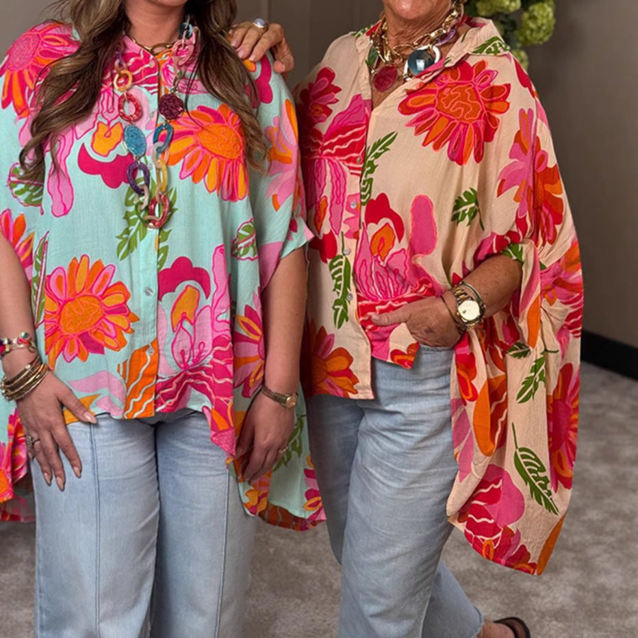 Damen Fließende Kimono-Bluse mit buntem Blumendesign Drune