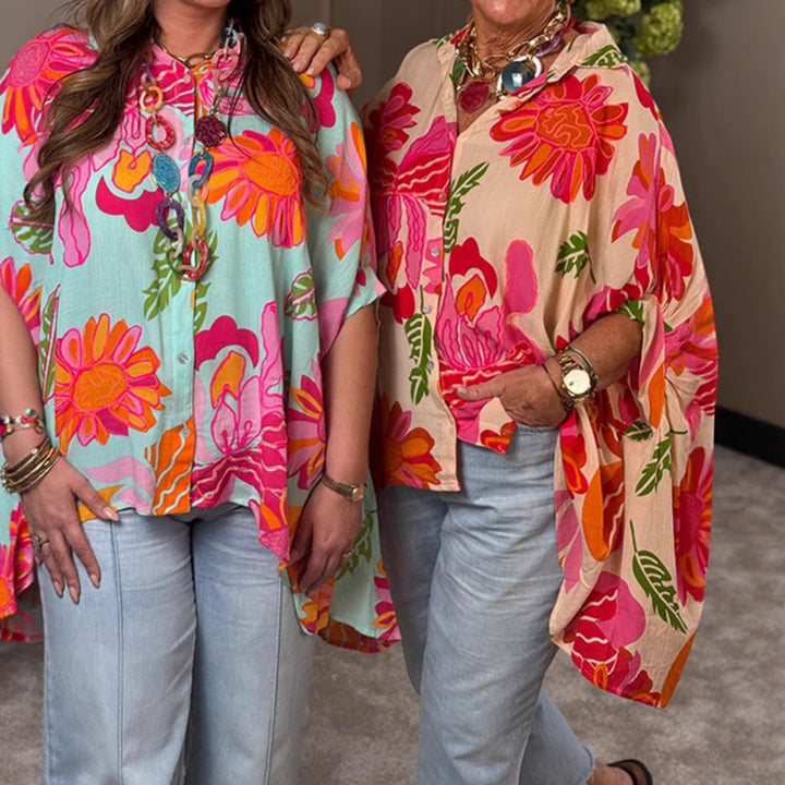 Damen Fließende Kimono-Bluse mit buntem Blumendesign Drune