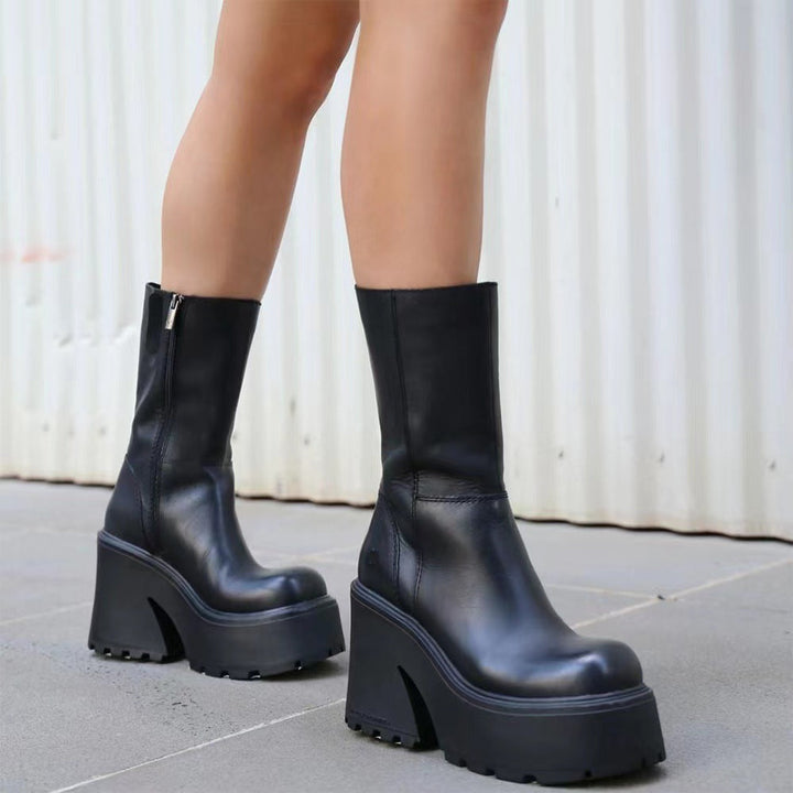 Damen Plateau-Stiefel mit hohem Blockabsatz und modischem Reißverschluss Drune