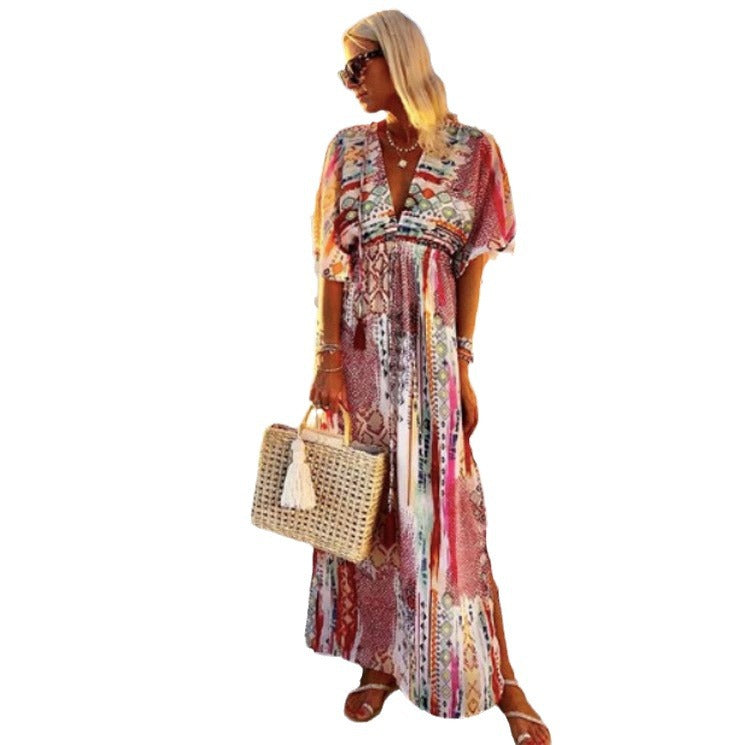 Damen Maxikleid mit elegantem V-Ausschnitt und floralem Mustermix Drune
