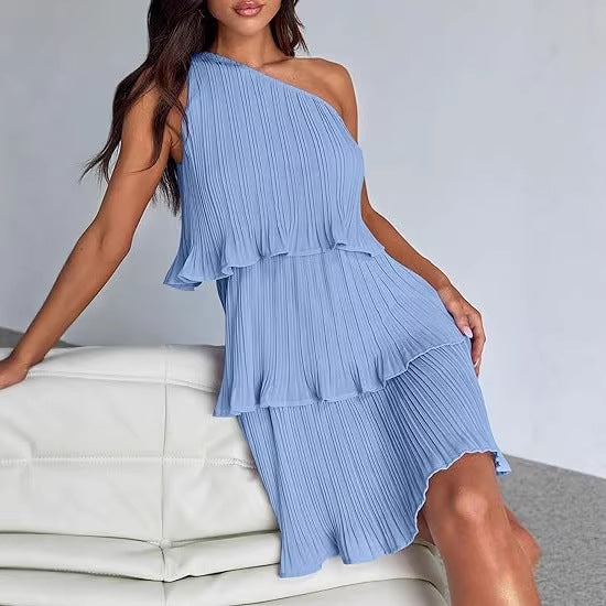 Damen Ärmelloses plissiertes Stufenkleid mit asymmetrischer Schulterpartie Drune