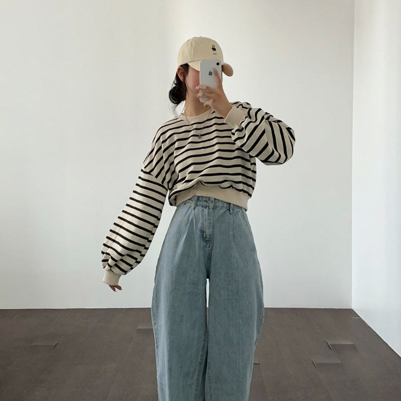 Damen gestreifter lässiger Sweatshirt mit Puffärmeln Drune