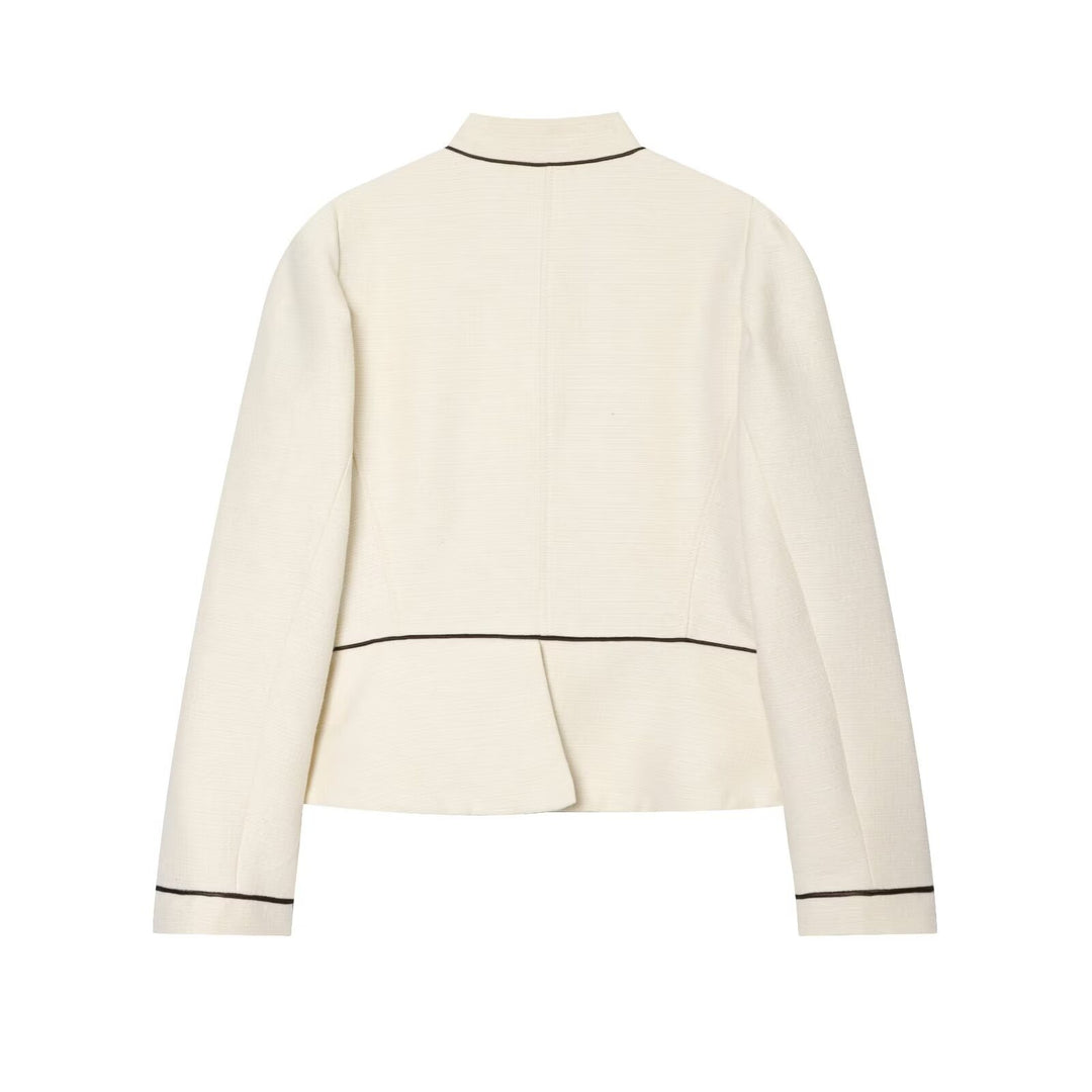Damen Kurzblazer im Bouclé‑Look mit Stehkragen, dekorativen Knöpfen und Kontrastpaspel Drune