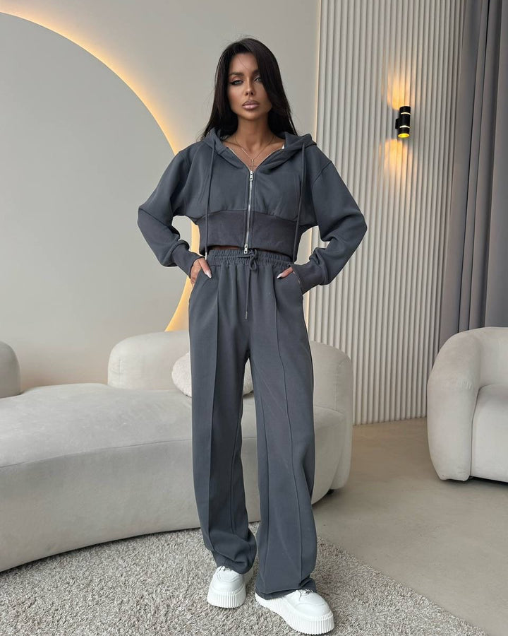 Damen Sportliches Crop-Set mit Reißverschluss und weitem Schnitt Drune