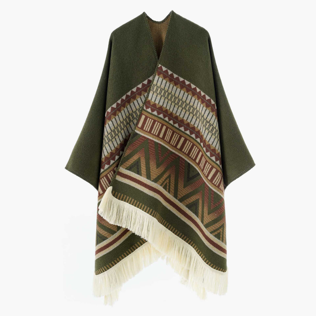 Damen Gewebter Ethno-Poncho mit Fransen und Jacquardmuster Drune