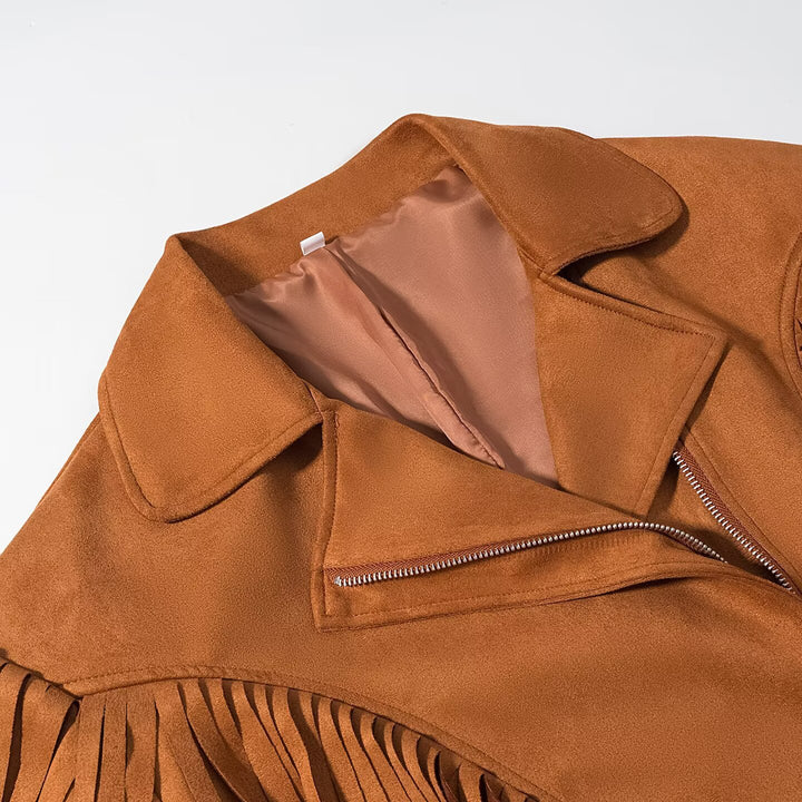 Damen Wildlederoptik Fransenjacke mit Oversized‑Schnitt, Taillengürtel und Statement‑Ärmeln Drune