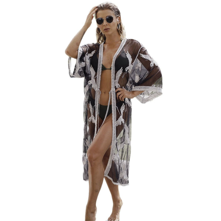 Damen eleganter Strandüberwurf mit floralem Muster und Bindegürtel Drune