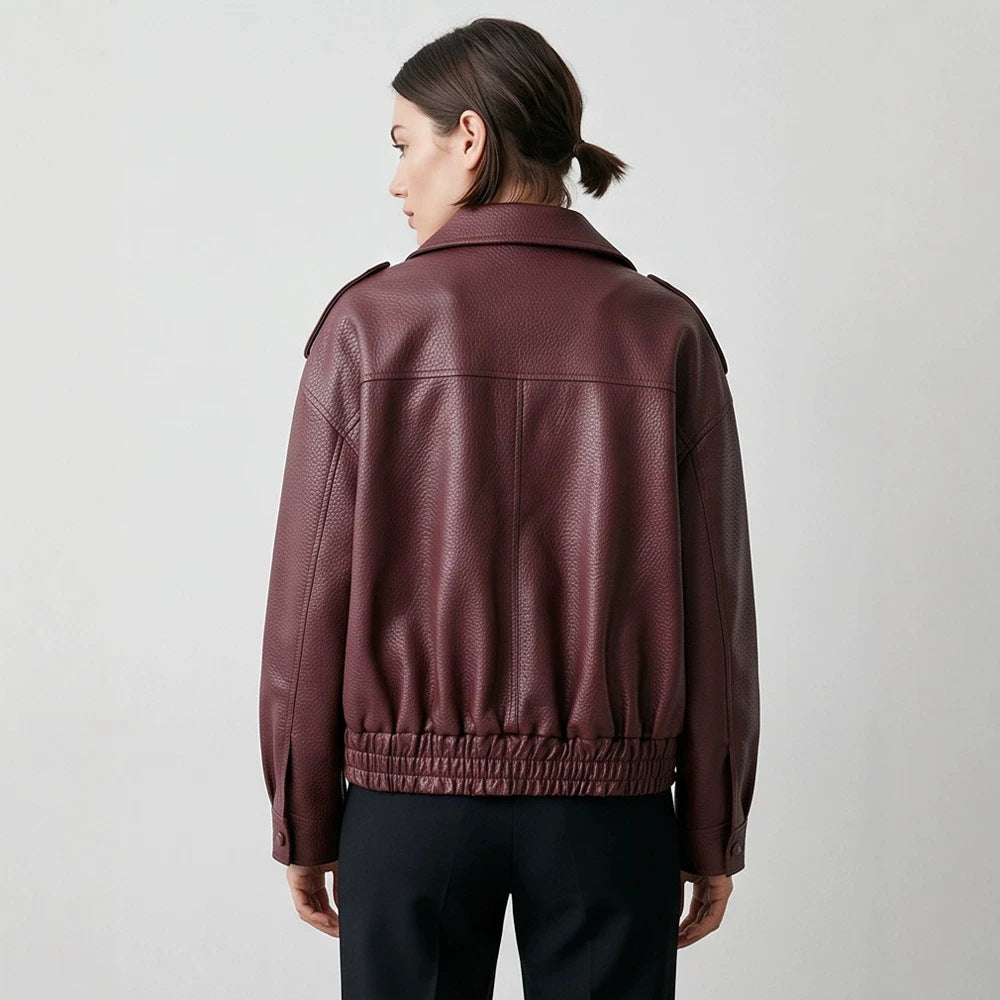 Damen Boxy-Lederimitat-Blouson mit strukturierter Narbung, doppelreihiger Knopfleiste & elastischem Saum Drune