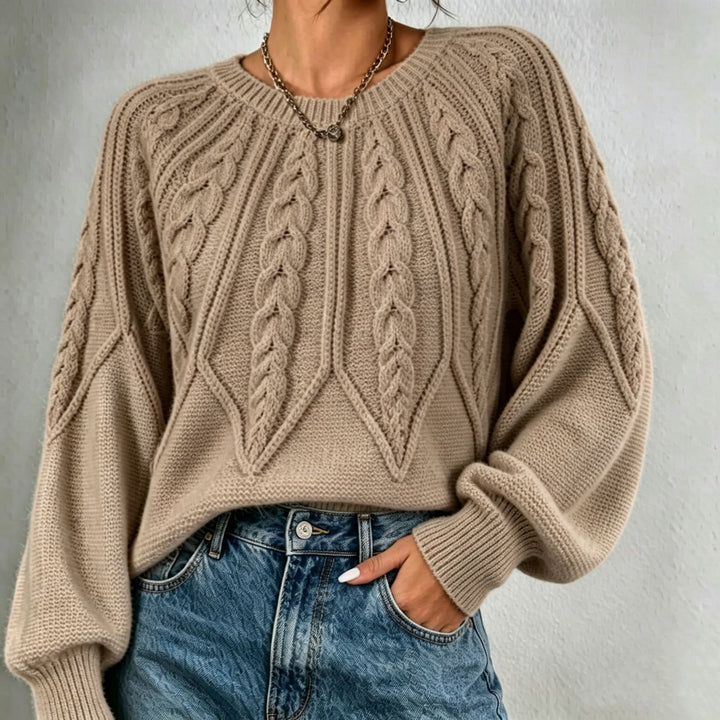 Damen kurzgeschnitteter Grobstrick-Zopfpullover mit Ballonärmeln Drune