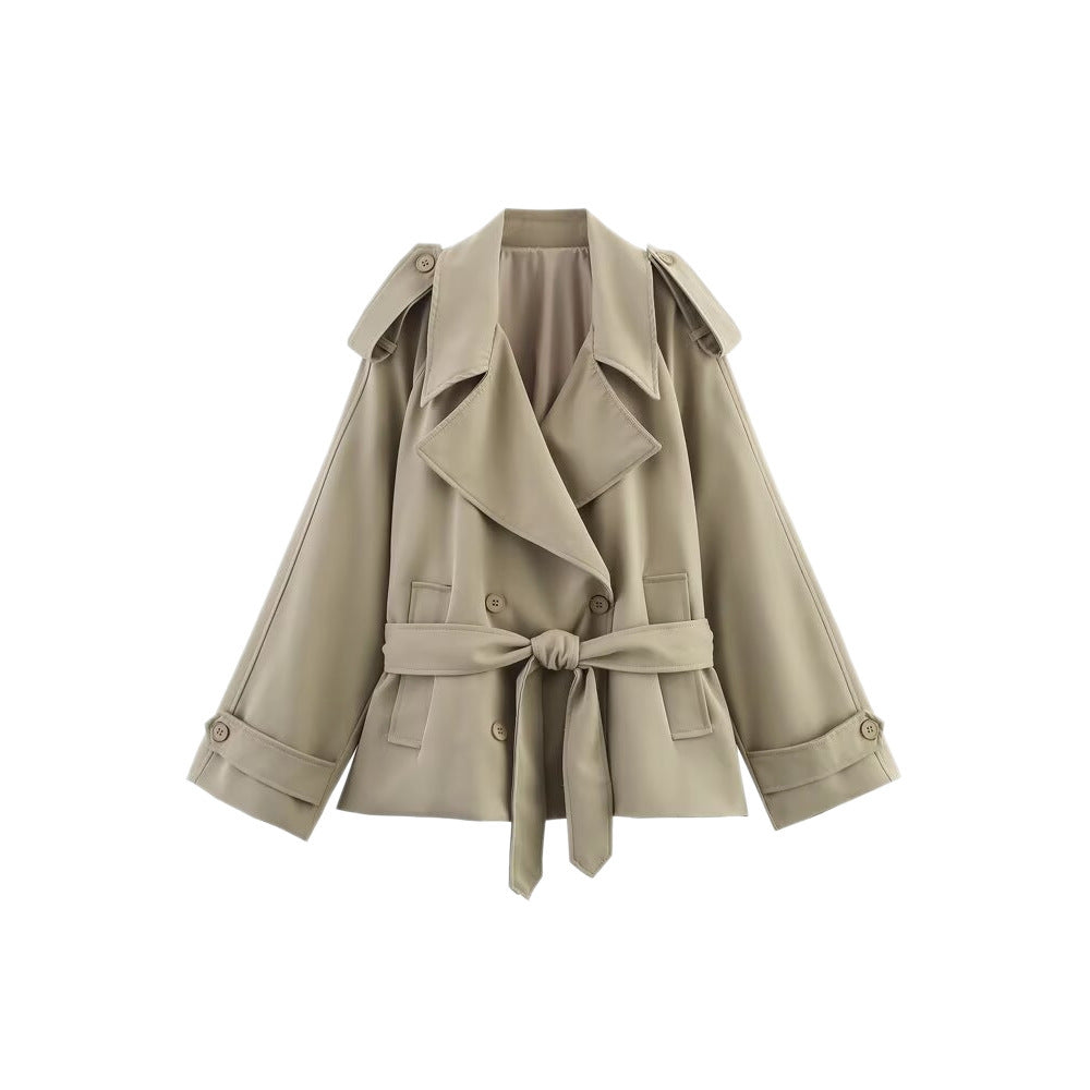 Damen Kurzer Trenchcoat mit Bindegürtel und Cape-Ärmeln Drune