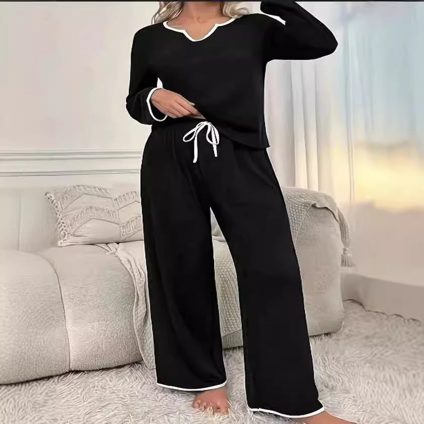 Damen Zweiteiliges Lounge-Set aus weichem Jersey mit V‑Ausschnitt, Langarm-Oberteil und weitem Palazzohosenbein Drune