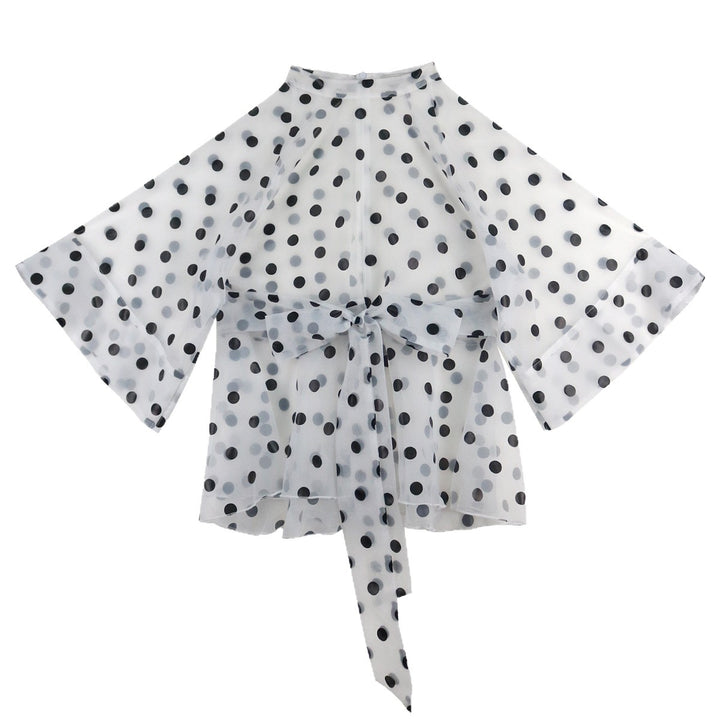 Damen Chiffonbluse mit transparentem Polka-Dots-Design und tailliertem Bindegürtel Drune