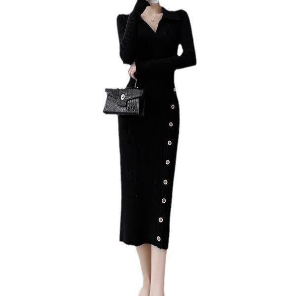 Damen Langärmeliges Strickkleid mit elegantem Knopfdetail und taillierter Silhouette Drune