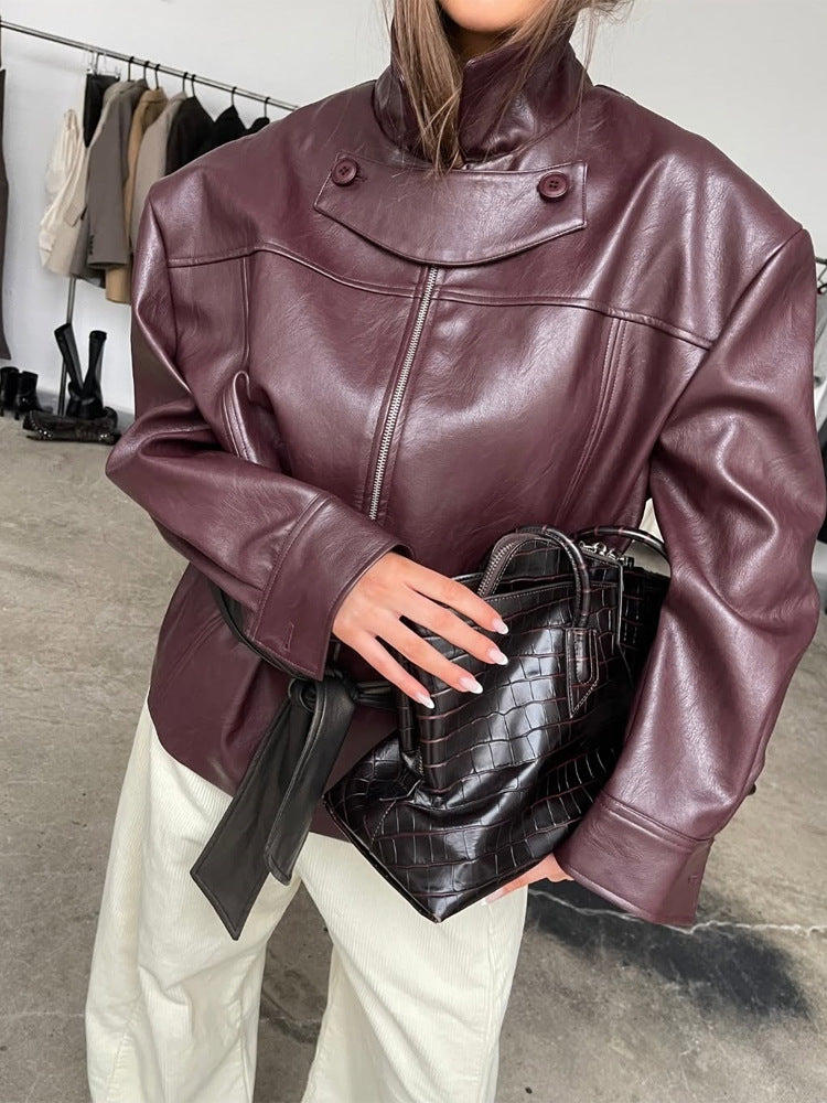 Damen Boxy-Kunstlederjacke mit hohem Stehkragen, Frontzip und Taillenschärpe Drune