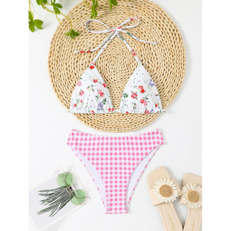 Damen Bikini-Set mit floralem Oberteil und kariertem Unterteil Drune
