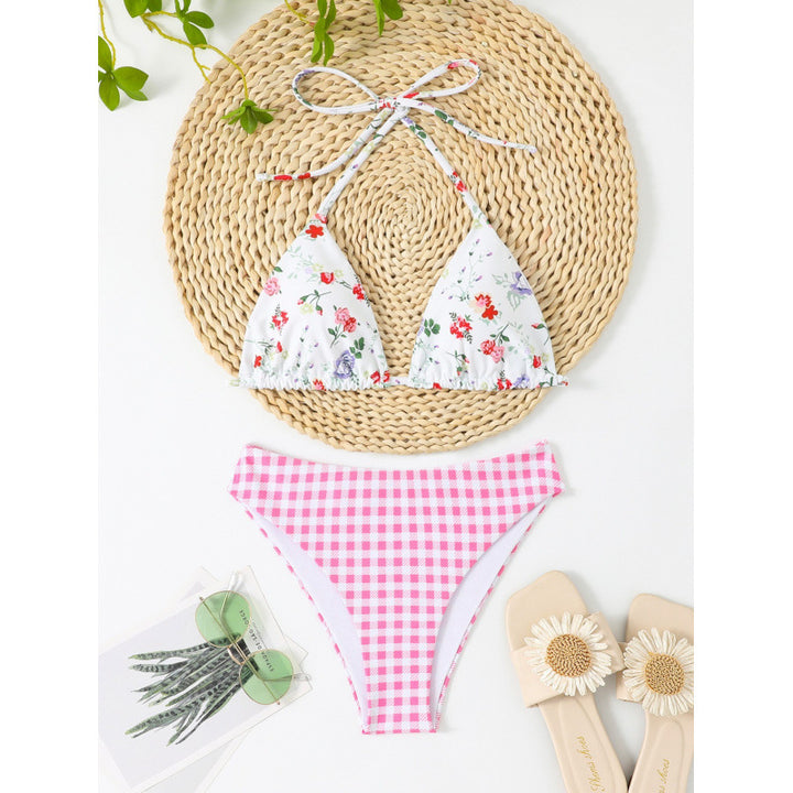 Damen Triangel-Bikini mit floralem Oberteil und Karomuster Drune