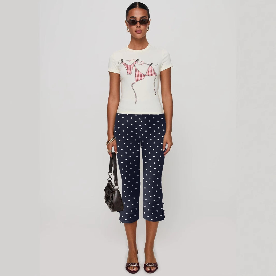 Damen T-Shirt mit kreativem Druck und figurbetontem Schnitt Drune