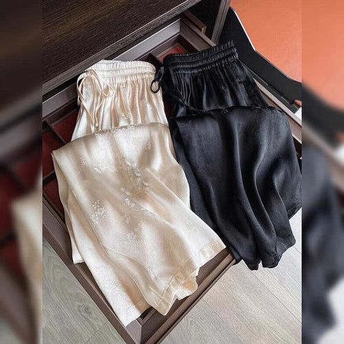 Damen Luxuriöse Seiden Schlafshorts Set mit Verstellbarem Bund Drune