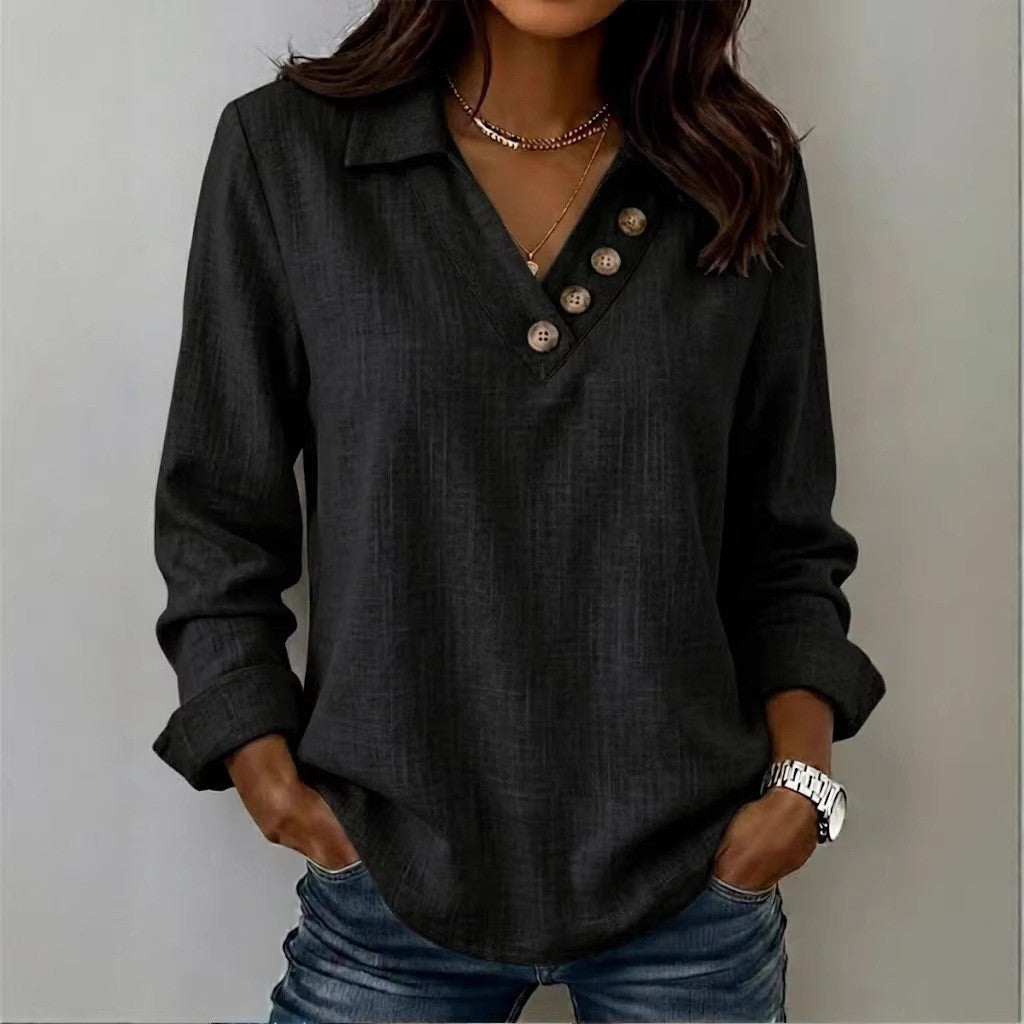 Damen Lässiges V-Ausschnitt-Blusenshirt mit Hemdkragen und asymmetrischer Zierknopfleiste Drune