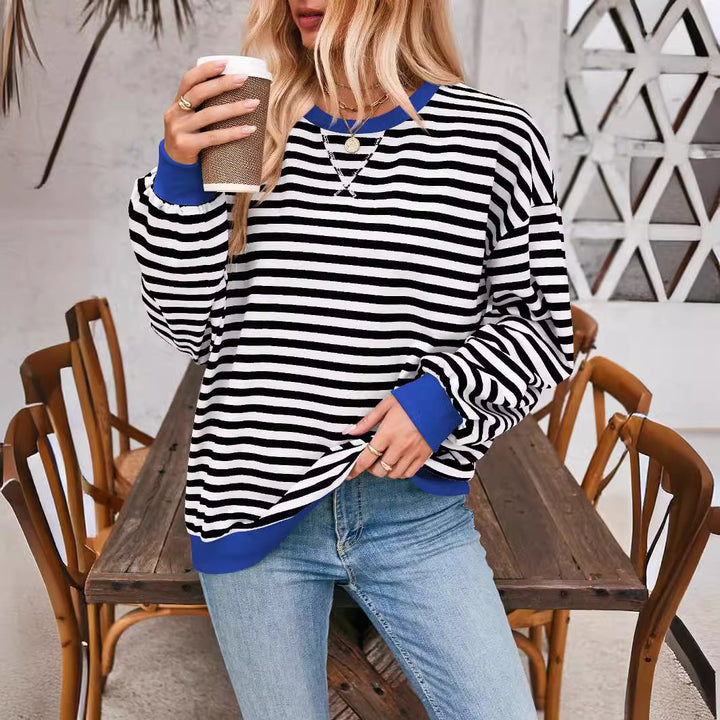 Damen lässiger Sweater mit auffälligem Streifenmuster und elastischen Bündchen Drune