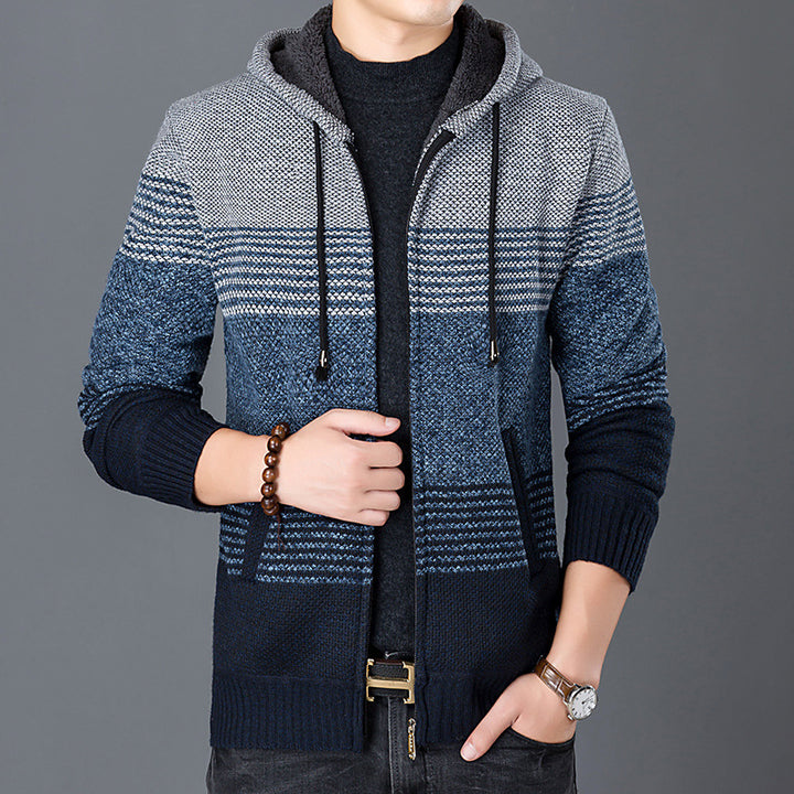Herren Strickjacke mit Kapuze und modernen Blockstreifen Drune