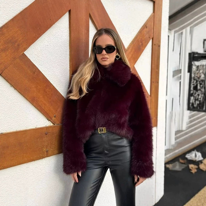 Damen Cropped Kunstpelz‑Boxy‑Jacke mit hohem Stehkragen und extraweichem Hochflor Drune