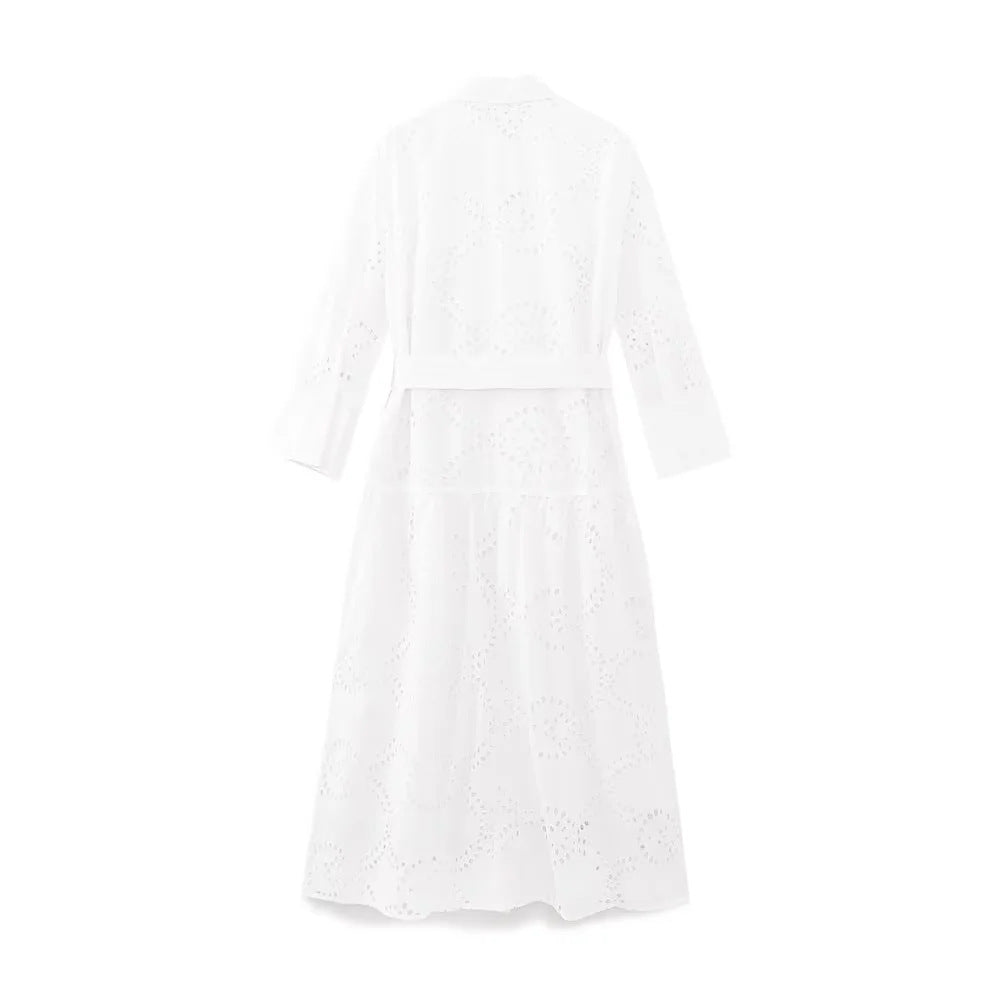 Damen nan langes Broderie-Anglaise Hemdblusenkleid mit Taillengürtel Drune