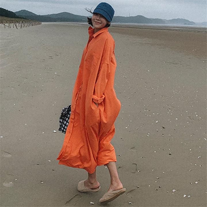 Damen Oversize-Hemdmaxikleid mit durchgehender Knopfleiste und weitem Fall Drune