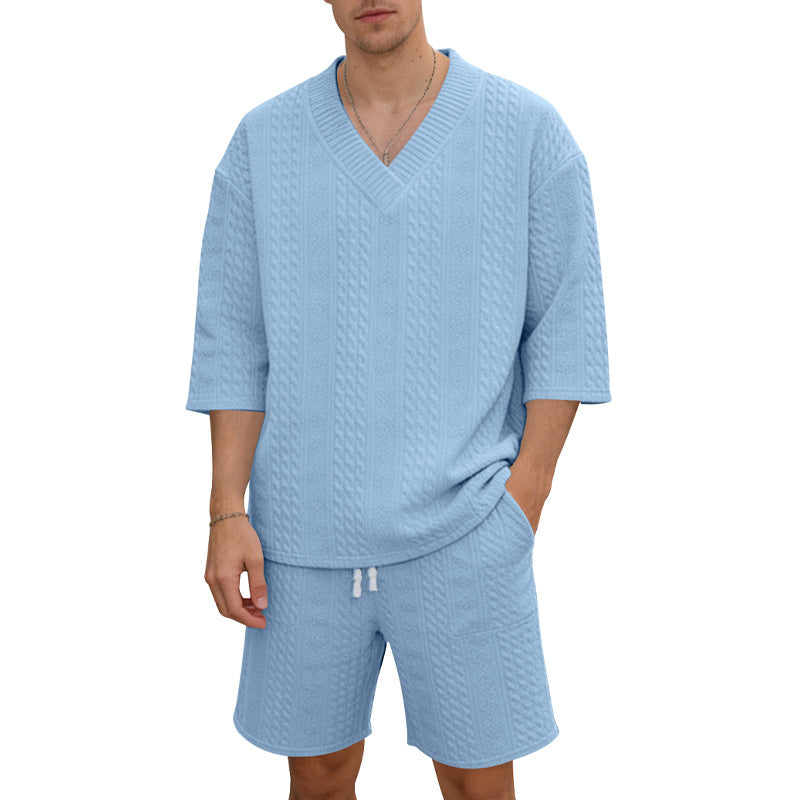 Unisex nan lässiges Lounge-Set mit V-Ausschnitt-Oberteil und Kordelbund-Shorts Drune