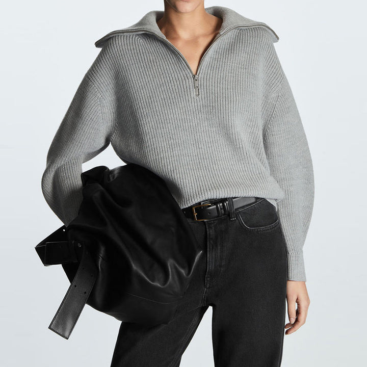 Damen Gestreifter Half‑Zip Strickpullover mit Matrosenkragen und überschnittener Schulter Drune
