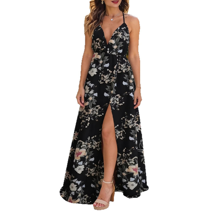 Damen A-Linien Maxikleid mit tiefem V-Ausschnitt und Blumenmuster Drune